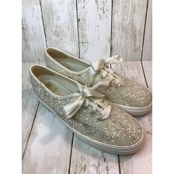 Kate Spade X New York Glitter Cream Keds Ribbon tie platform shoes size 9 - Picture 2 of 9